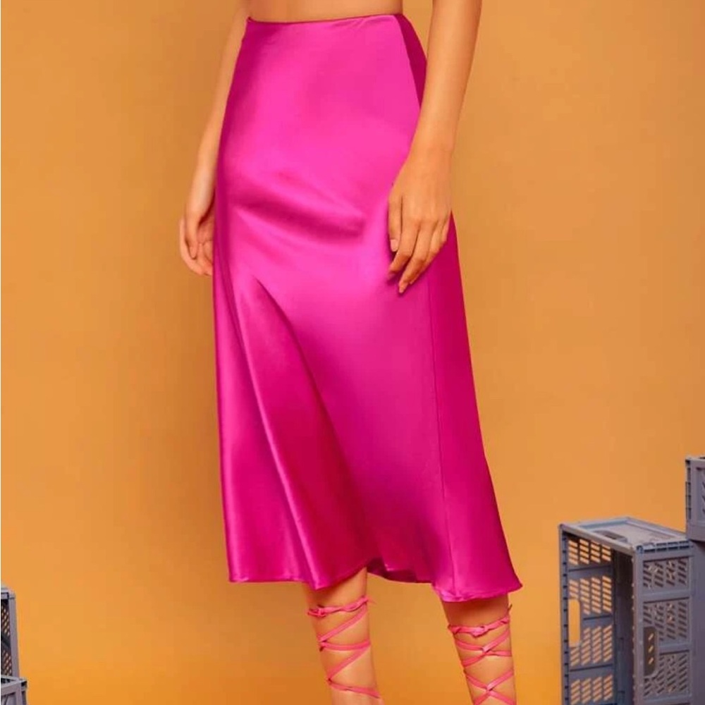 Hot Pink Satin A-Line High Waisted Long Skirt